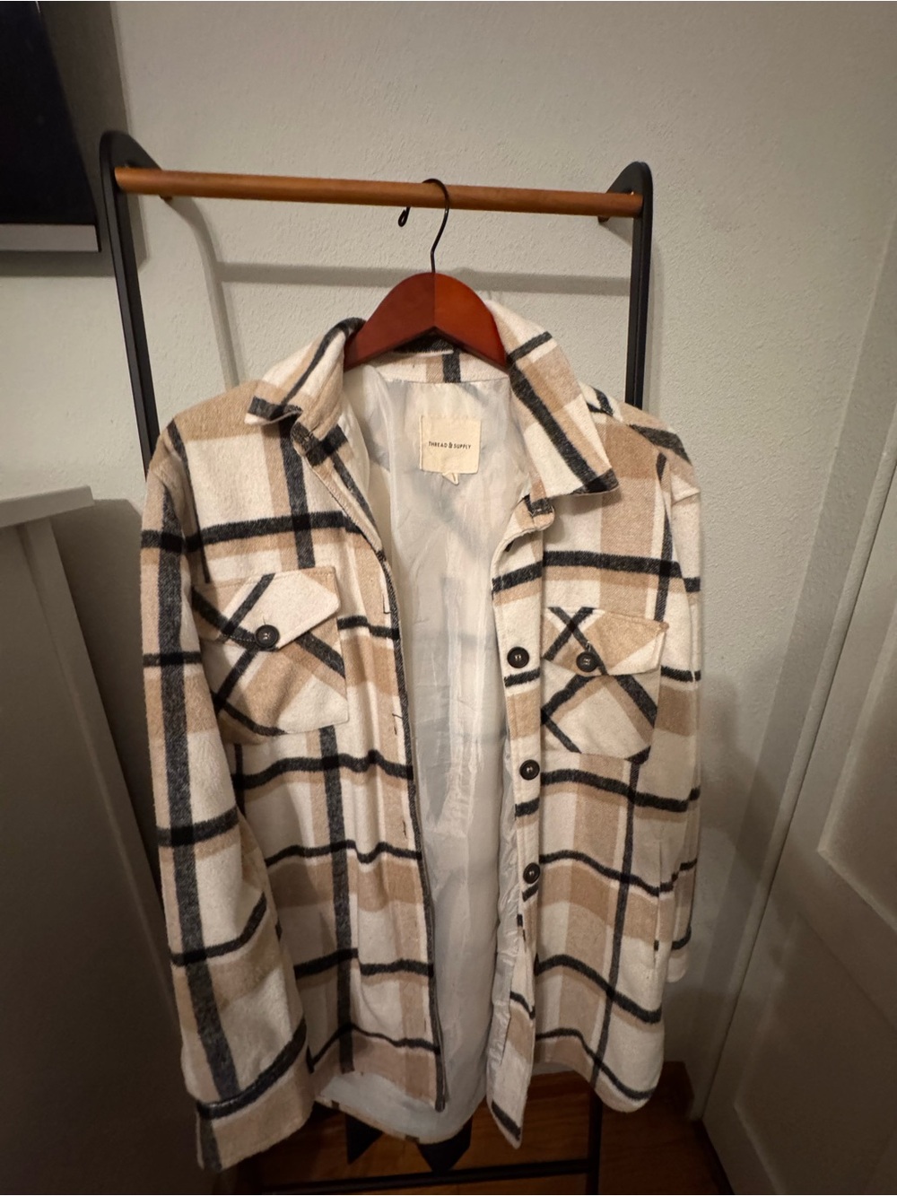 Thread & Supply Cream and Tan Plaid Teddy Shacket